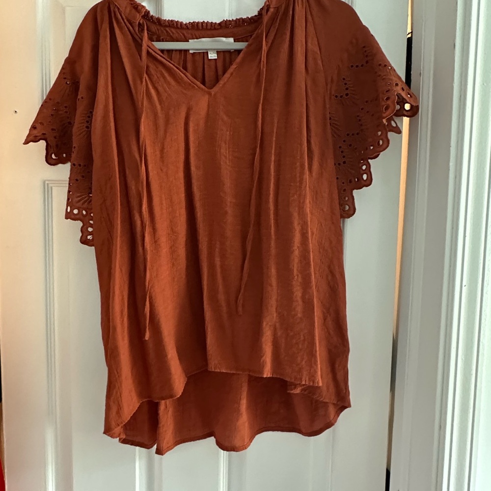 Chelsea & Theodore Brown Flutter Sleeve Blouse with Tie Front